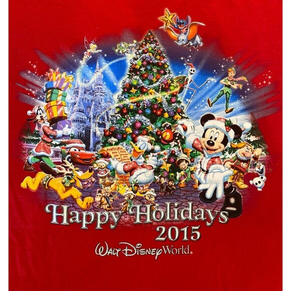 Disney Christmas 2015 Red T-Shirt Size Large Christmas Tree & Disney Character - Picture 1 of 7